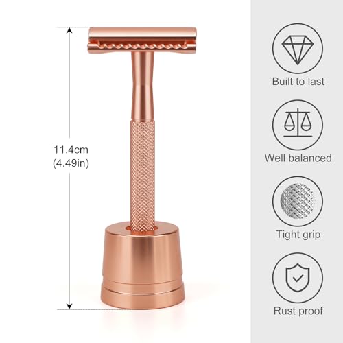 Safety Razor with Stand for Men & Women - Double Edge Single Blade Razor, One Blade Razor with 10 Blades & Metal Stand - Reusable Mens & Womens Shaving Razor (Complete Kit)-Rose gold