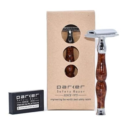 Parker, 45R Heavyweight Double Edge Safety Razor ? 3 Piece Design with 4 Inch Handle - Solid Brass Frame for Durability ?5 Parker Double Edge Razor Blades included
