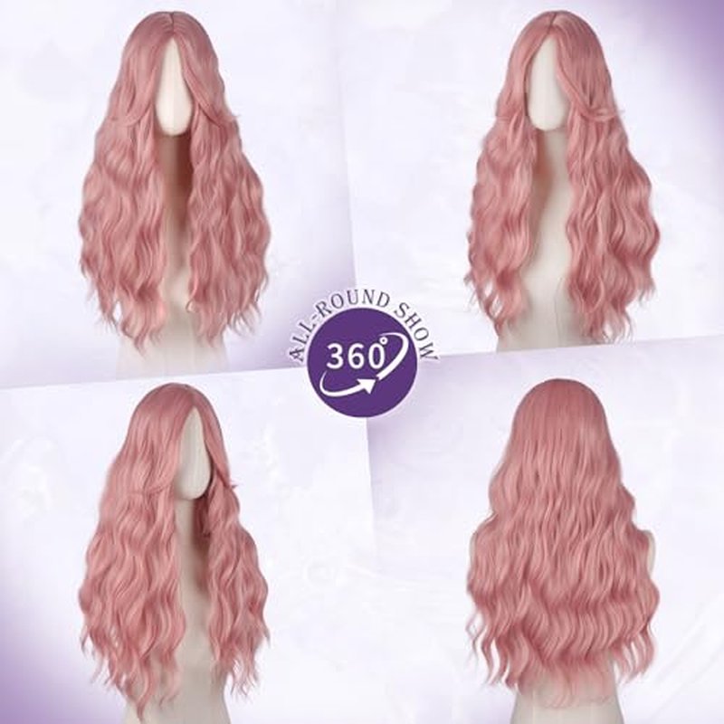Haloo 26-Inch Pink Wavy Wig with Curtain Bangs for Women