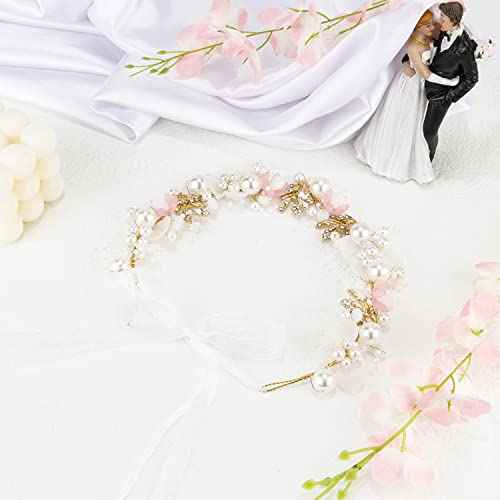 Didder Flower Headband Pearl Tiara and Crown for Women and Girls, Pink Maternity Photoshoot Rhinestone Headband Bridesmaid Wedding Hair Vine Accessories for Brides Flower Girl Crown Headpiece
