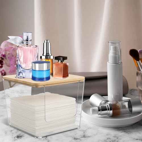 Rainmae Disposable Face Towel Holder, Acrylic Facial Towels Storage Box for XL Clean Skin Club, Upgrade Large Tissue Holder with Bamboo Lid Towel Organizer Container for Bathroom Vanity Countertop