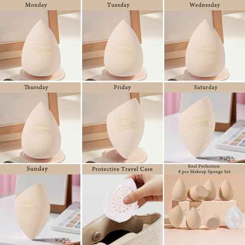 Real Perfection Makeup Sponge Set Blender Sponges, Latex-Free Beauty Makeup Sponges 7 pcs with 1 Travel Container Case for Blending Foundation Liquid Cream and Powder (Beige)