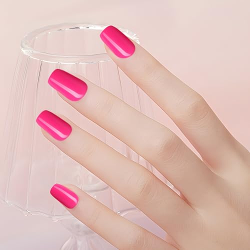 Makartt Press On Nails Short Kit, Glue on Nails Acrylic Nail Tips Fake Nails 12 Sizes 24 Pcs Coffin False Nails with Nail Glue Stick Adhesive Tabs Mini File Manicure for Nail Art Home Salon(Deep Pink)