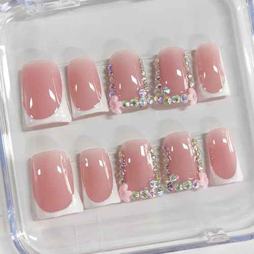 Handmade Press on Nails Short Duck White French Tip Thick Acrylic Fake Nails 3D Floral False Nails with Rhinestones Pink Flower Designs Elegant Sturdy Nail Art Press on Nails 10Pcs(S)