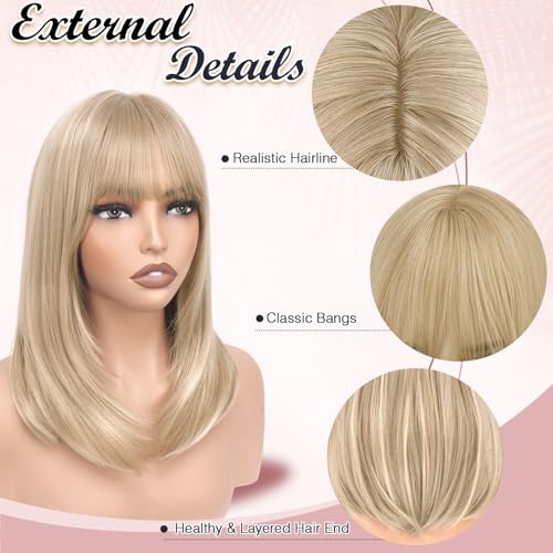 Haloo Blonde Bob Wig with Bangs 16 Inch Heat Resistant Synthetic