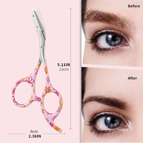 Eyebrow Trimmer Scissors with Comb - Stainless Steel, Pink