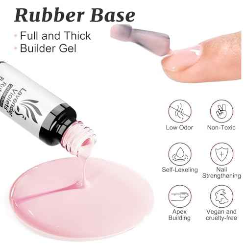 Lavender Violets 6pcs Gel Base and Top Coat Set Nail Dehydrator and Primer, 5-in-1 Builder & Pink Rubber Base Coat, Matte & No-Wipe Top Coat Long-Lasting Manicure Essential Kit for Home DIY C200
