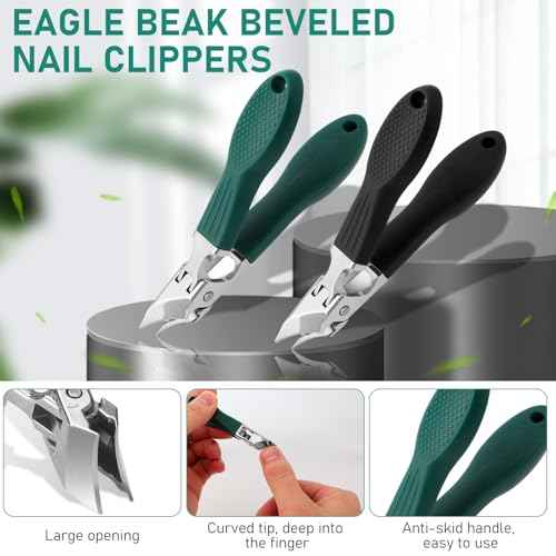 Eagle Beak Beveled Nail Clippers,Wide Jaw Opening Anti-Splash Slanted Nail Clipper,Edge Nail Clippers 3-Piece Set,Long Handle Wide Jaw Opening Anti-Splash Slanted Nail Clipper for Men Women(Green)