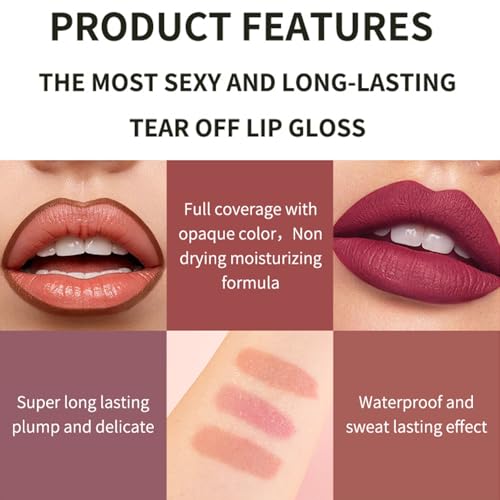 Petansy 3-Color Peel Off Lip Stain Tattoo Set, Waterproof Matte Lip Liner, Removable Lip Color, 1 Pack of 3