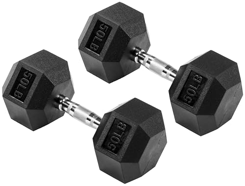 Signature Fitness Rubber Encased Hex Dumbbell, 50LB Pair