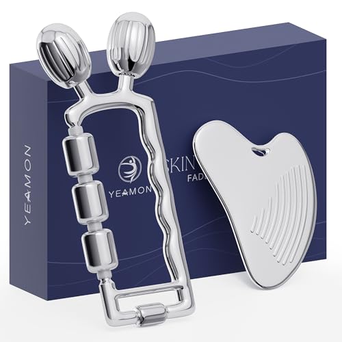 Yeamon Gua Sha Facial Tools & Face Roller Set, Stainless Steel Gua Sha & 3-in-1 Face Rollers for Jawline, Cheeks & Under-Eye, Ice Roller, Massager, Skin Care Tools for Women