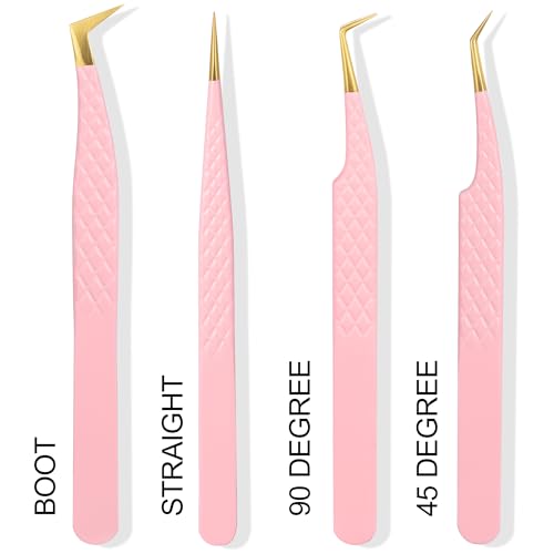 Fiber Tip Lash Tweezers For Eyelash Extension 4 Pcs Tweezers Professional Artist Tech Work Kit Tools,Best Volume Eyelash Lashes Extensions Precision Supplies Volume Boot 90 45 Degree(Pink)
