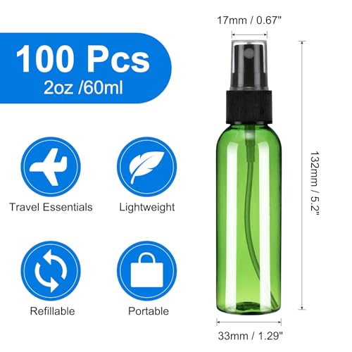 uxcell 100Pack Spray Bottles, 2Oz/60ML Reusable Clear Empty Mist Plastic Mini Travel Bottle Set,Small Refillable Liquid Containers for Household Use, Essential Oil, Cleaning (Green Black)