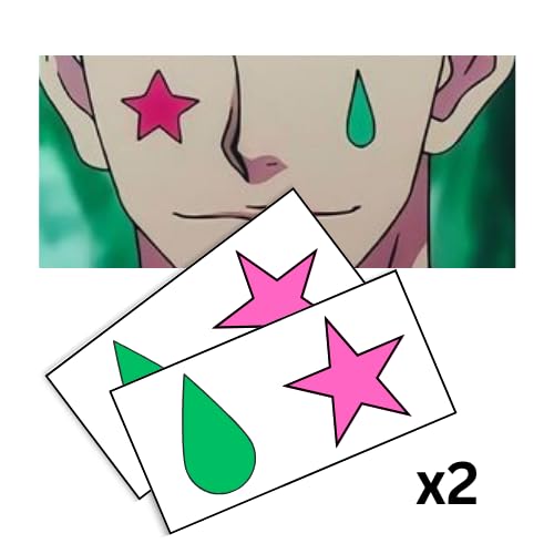 Hisoka Temporary Tattoo, 2-Pack Pink Star & Green Teardrop