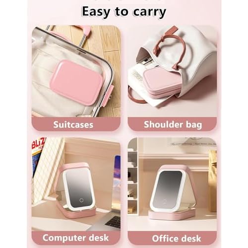 Travel Makeup Case with Lighted Mirror, Partitionable Cosmetic Bag, Professional Cosmetic Artist Organizer, Waterproof Portable, Travel Toiletry Bag (Pink)