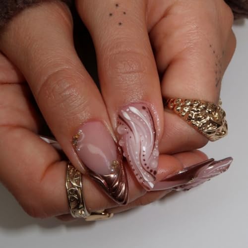 Brown French Tip Press On Nails - Medium Almond 5D Flower Design 24Pcs