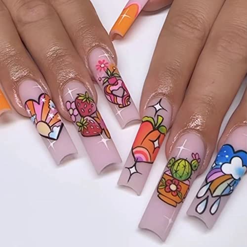 Long French Tip Press on Nails with Colorful Flower Designs Extra Long Square Fake Nails Summer False Nails with Designs Glossy Artificial Nails Reusable Acrylic Nails for Women 24Pcs