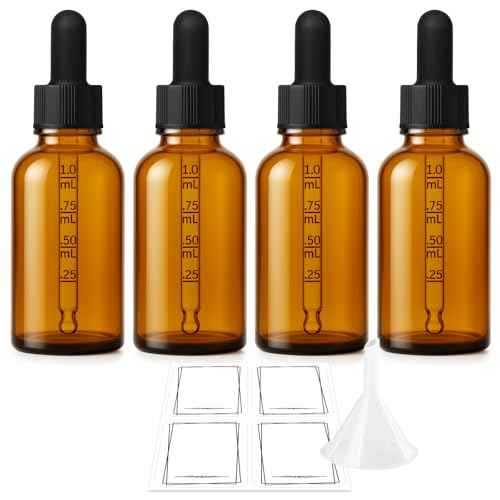 Bumobum 1 oz Dropper Bottle, Amber Glass Dropper Bottle with Measured Dropper, Empty Eye Tincture Bottles with Funnel & Labels for Essential Oils Serums Tavel Liquids, 4 Pack