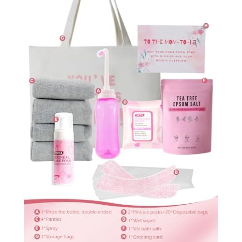 Postpartum Essentials Kit - Peri Bottle,Perineal Ice Packs,Perineal Healing Foam,Disposable Underwears,Cooling Pad Liners,Bath Salts,Canvas Bag,Card,Postpartum Gifts for Mom
