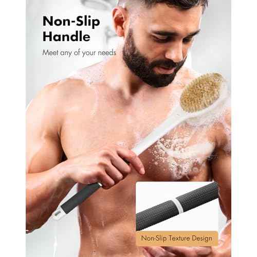 Back Scrubber Anti Slip for Shower: 18.1'' Long Handle Bath Brush with Stiff and Soft Bristles Body Exfoliator Wet or Dry Brushing for Women, Men, Elderly (Charcoal Gray)