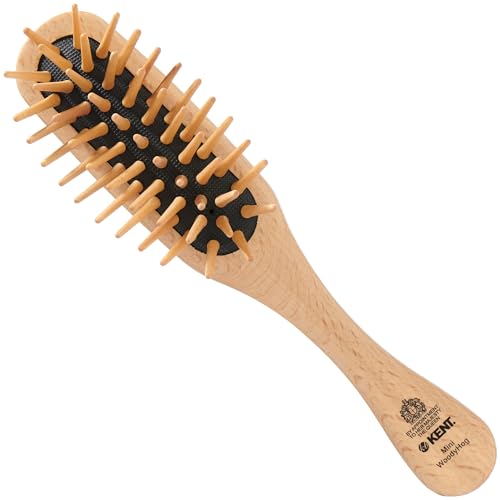Kent KB MiniWoodyhog Travel Size Detangling Brush Beech-wood, Firm Rounded Wooden Bristles,Natural Cushion Detangler Wooden Hair Brush for Women Men and Kids Everyday Care,Made in England
