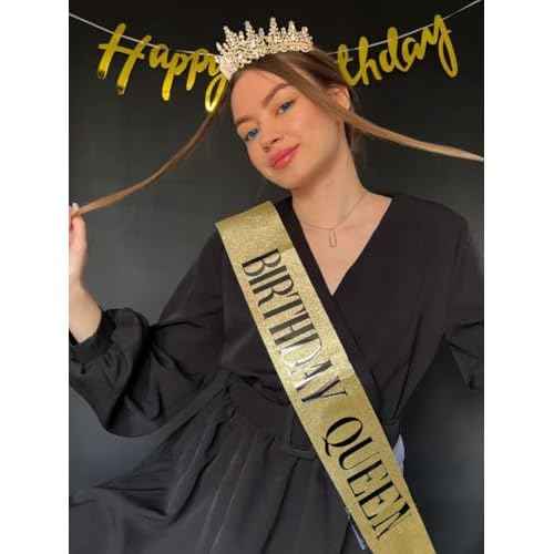 TOBATOBA Birthday Queen Sash and Crown for Women - Gold Rhinestone Tiara and Sash Set for Birthday Decorations Outfits for Women