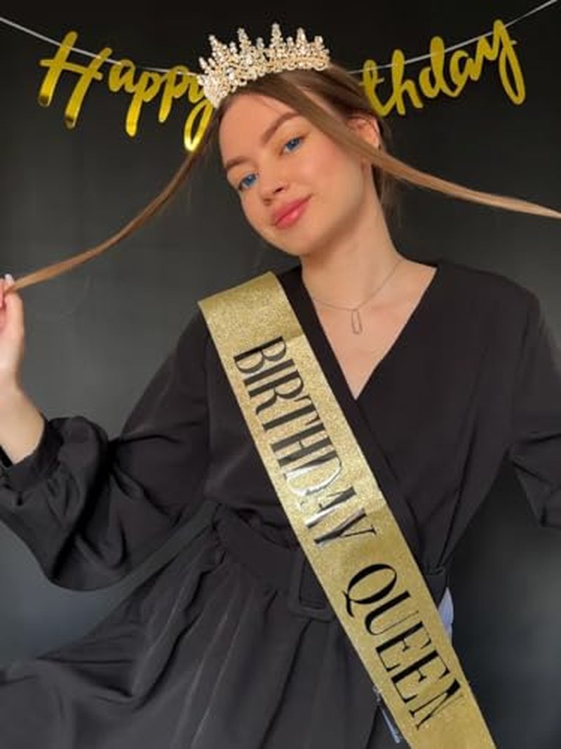 Birthday Queen Sash and Crown Set for Women - Gold Tiara & Sash