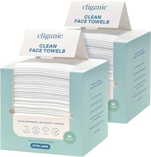 Cliganic XL Face Towels 100 Count - Disposable Makeup Remover Wipes (50 Count Pack of 2)