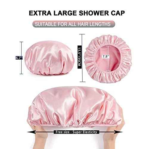 YIZIJIZI Terry Lined Shower Cap,Triple Layer Large Cap for Women,Shower Cap Reusable Waterproof,Long Thick Hair(Pink)