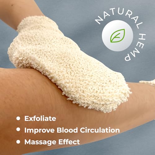 Hemp Bath Mitts for Exfoliation - Natural Shower Gloves for Men & Women (Set of 2)
