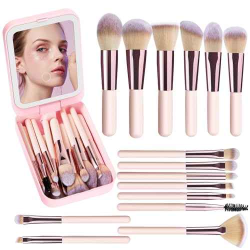 Trendy Teen Girl Gifts ? Travel Makeup Brush Set with LED Light Mirror, Perfect Tween Birthday Gifts for Girls 11-16+ year old(Pink)