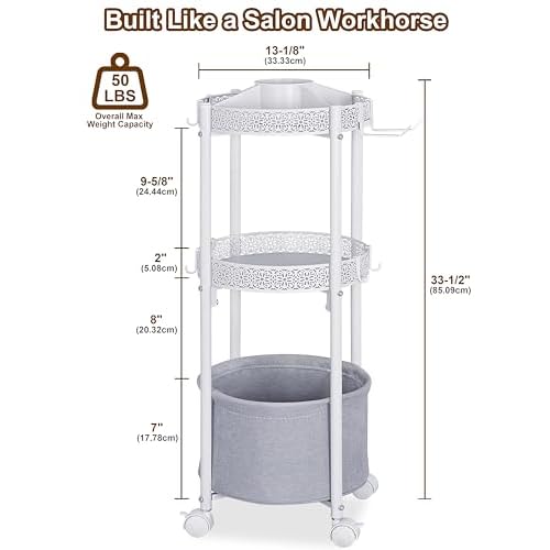 Rolling Makeup Cart Organizer with Removable Hair Dryer Holder, 3 Tier Round Floor Makeup Organizer with Wheels for Cosmetic, Perfume, Nail Polish, Small Space Bathroom Storage Cart, White