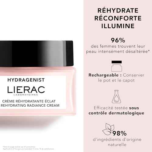 Lierac Rehydrating Radiance Face Cream - Hydrating Formula, Face Moisturizer Cream for Woman, Fine Lines, Hydrating, Smooths Skin with Hyaluronic Acid, Sensitive Skin - 50ml