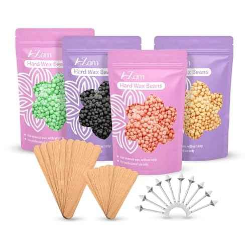 AZAM Hard Wax Beads,Hot Wax Beads,Hair Removal for Full Body4X100G Painless Hard Wax Beans with 10 large applicators 10 smaller ones, 10 nose sticks, Professional Wax Beads for Eyebrow, Bikini