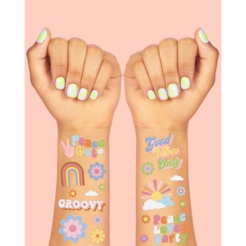 xo, Fetti Groovy 70s Temporary Tattoos - 48 Glitter Styles | Flower Power Birthday Party Supplies, Good Vibes Only Favors, Smiley, Rainbow Arts and Crafts