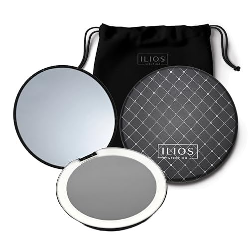 Ilios Lighting Black LED Compact Mirror with Light and 1x and 10x Magnifying Mirror in 5-inch mini Size Ideal for Travel
