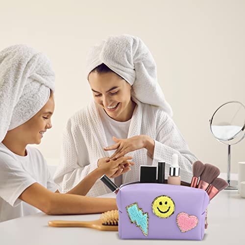 Chunful 9 Pcs Preppy Makeup Bag PU Leather Cosmetic Bag Bulk Makeup Plain Pouch Waterproof Toiletry Purse for Women Traveling Pencil Case Valentine's Day Gifts(Multicolor,Smile, Lightning, Heart)