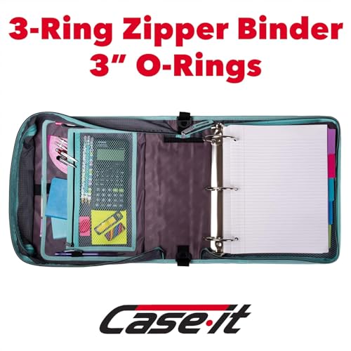 Case-it Mighty Zip Tab Zipper Binder, 3" O-Ring with 5-Color tabbes, Expanding File Folder and Shoulder Strap and Handle, D-146-Light Pink