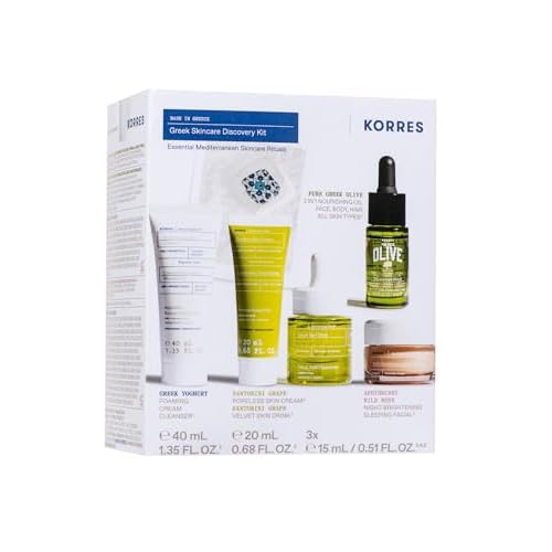 KORRES Greek Discovery Kit, 5-Step Ritual with Foaming Cleanser, Velvet Skin Drink, Poreless Skin Cream, Black Pine Eye Serum & Wild Rose Overnight Facial, Pre & Probiotic Superfoods, Travel Size Kit