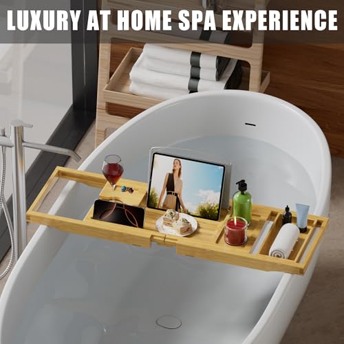 Bamboo Bathtub Tray Caddy | Expandable Bath Organizer