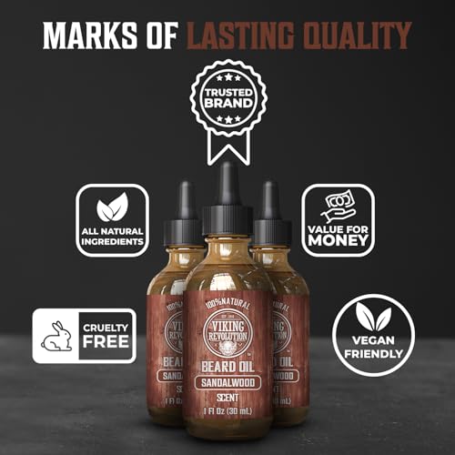 Viking Revolution Sandalwood Beard Oil for Men - Natural Mens Beard Oil with Argan Oil and Jojoba Oil - Beard Softener, Strengthens and Moisturizes - Beard Conditioner for Men (Sandalwood, 3 Pack)