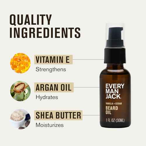 Every Man Jack Mens Beard Oil - Vanilla + Cedar Fragrance - Deeply Moisturizes and Softens Your Beard and Adds a Natural Shine - Naturally Derived with Shea Butter and Argan Oil - 1 fl oz