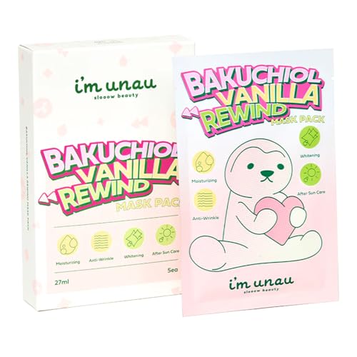 I¡¯m unau Bakuchiol Vanilla Rewind Mask Pack (5 Sheets) ? Vegan After Sun Care Sheet Mask with Bakuchiol, Vanilla Fruit Extract,Panthenol for Hydration, Soothing