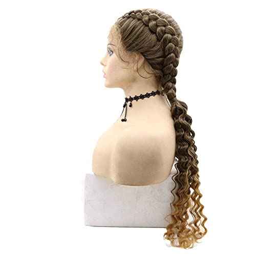xiweiya Brown Braided Wig Double Dutch Braided Curly Sytnhetic Lace Front Wigs100% Human Hand Bouncy Curly Copper Brown Blonde Lace Front Wig with Baby Hairs for Women 26inch