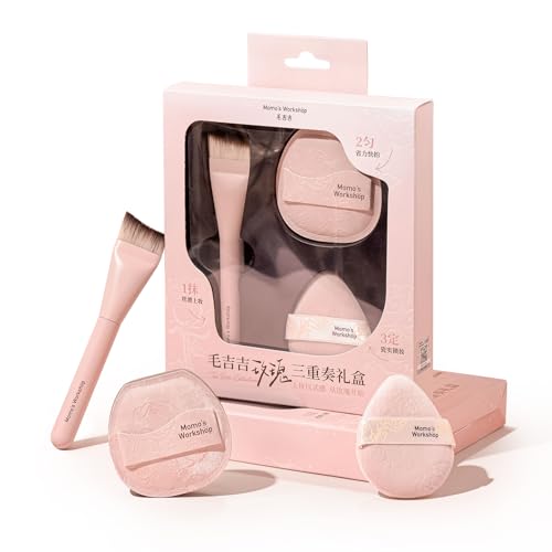 Momo's Workshop Rosy Reverie Trio Makeup Brush and Sponge Set?Satin Rose Edition 3-Piece Kit for Foundation and Powder&Fish Tail Brush, Flat Blending Sponge & Velour Powder Puff for a Flawless Finish