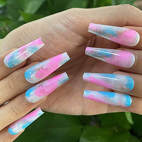 Outyua Glossy Smoke Pattern Fake Nails Coffin Extra Long Press on Nails with Design Ballerina Acrylic Super Long False Nails Designer Full Cover Artificial Nails for Women and Girls 24Pcs (Colorful)