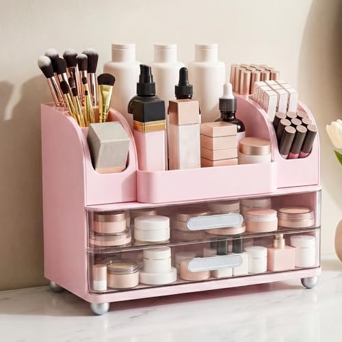Makeup Organizer for Vanity Countertop with 2 Large Drawers, Spacious Display Cabinet, Partitioned Top Compartment 6 Brush Holders - Pink Beauty Storage Solution