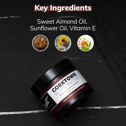 Detroit Grooming Co. Beard Wax ? All-Natural, Strong Hold with Sweet Almond & Sunflower Oil, Vitamin E ? Corktown Scent (Vanilla, Tobacco, Cedarwood) ? 2oz