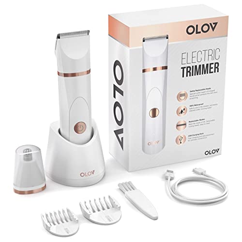 OLOV Bikini Trimmer Women - Wet/Dry Body Shaver Groomer, Replaceable Ceramic Blade Heads, USB Recharge Dock & Nosetrimmer Head Heads, Waterproof Male Hygiene Razor, White