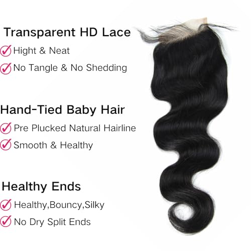 4x4 Lace Closure Body Wave - Transparent HD Free Part Invisible Lace Closure 100% Brazilian Virgin Human Hair Pre Plucked with Baby Hair Natural Black 12A Grade (20 Inch)